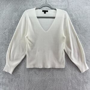 Ann Taylor Sweater Womens XL Off-White Soft Ribbed V-Neck Ballon Sleeve Pullover